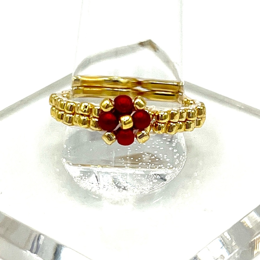 HAND CRAFTED Gold and Red Pearl Beaded Ring
